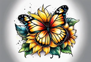 Half sunflower half butterfly tattoo idea
