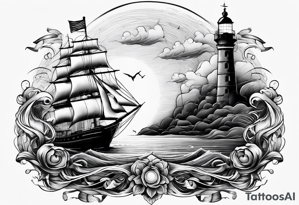 ghost marine lighthouse behind the bow of a sailboat. tattoo idea
