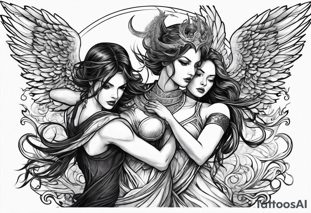 angel woman and devil woman fighting on the sky , big wings , angel at the right , tattoo idea