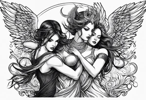 angel woman and devil woman fighting on the sky , big wings , angel at the right , tattoo idea