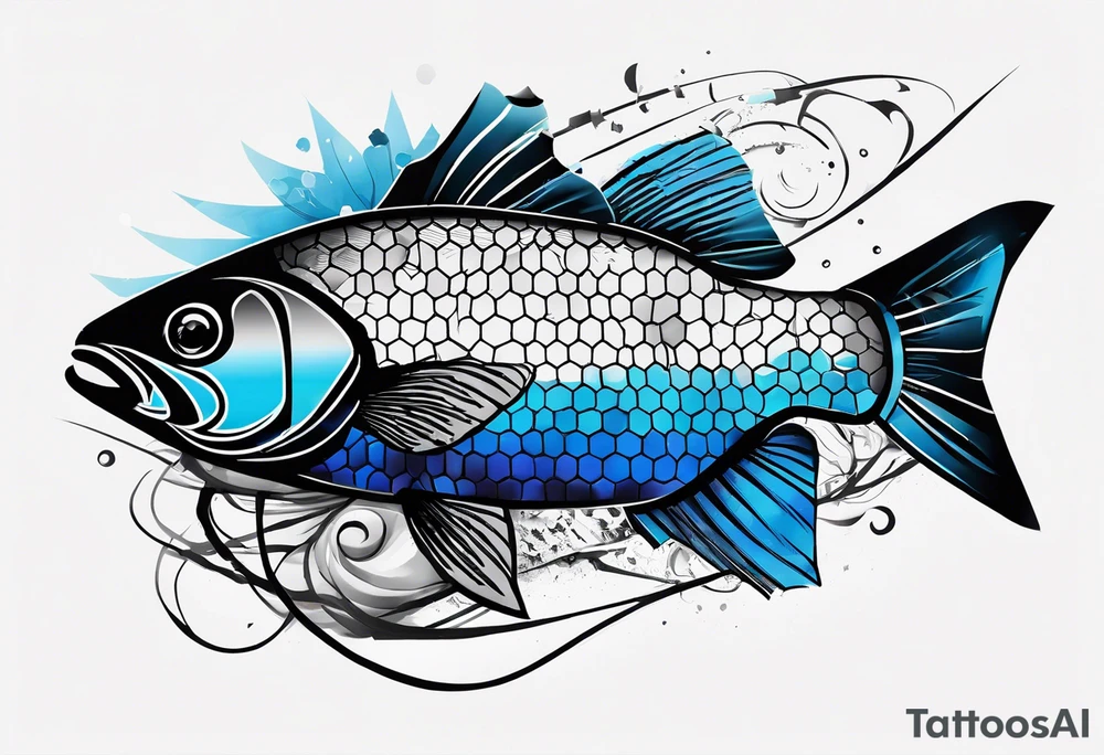 Trash polka blue and black fly fishing theme rib piece. A small about of hexagon pattern. tattoo idea