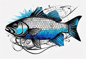 Trash polka blue and black fly fishing theme rib piece. A small about of hexagon pattern. tattoo idea