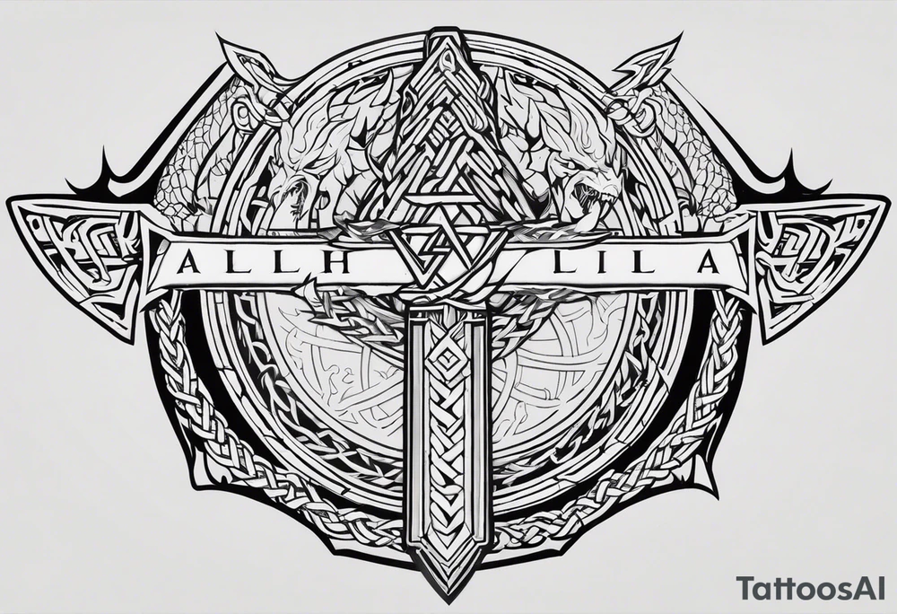 Valhalla sword shield dragon axe Valknut barbed wire chains tribal tattoo idea Valhalla sword shield dragon axe Valknut barbed wire chains tribal tattoo idea
