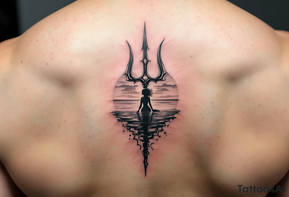 trident half way under calm water with sunset and mermaid tattoo idea