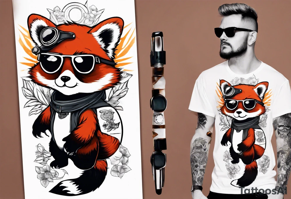 Tall Rebel red panda full body wearing aviator sunglasses and stretched up tall tattoo idea