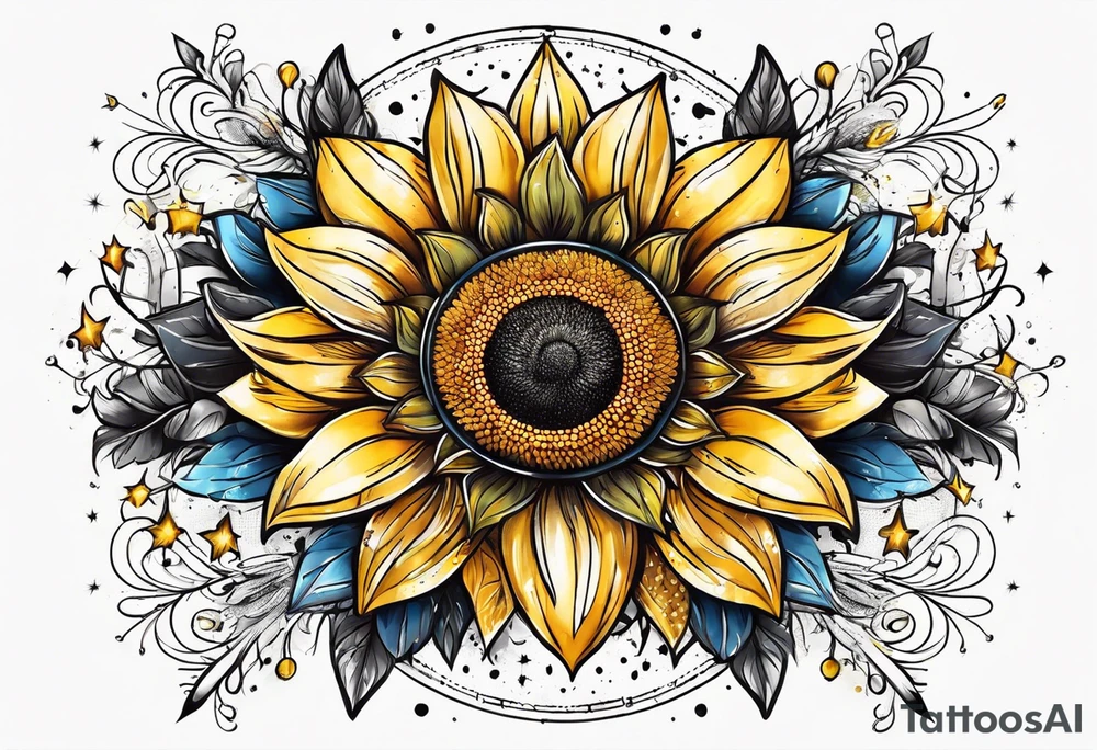 elegant tattoo design with sunflower surrounded by circle of little stars and arrow tattoo idea