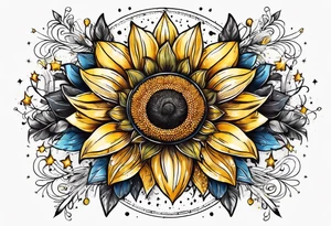 elegant tattoo design with sunflower surrounded by circle of little stars and arrow tattoo idea