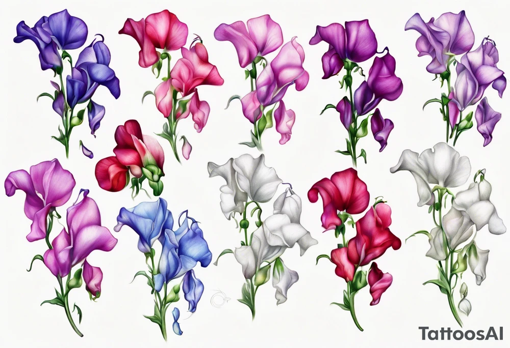 cascading field 
sweet pea flowers, multi color tattoo idea