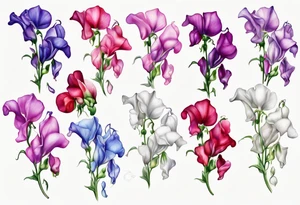 cascading field 
sweet pea flowers, multi color tattoo idea