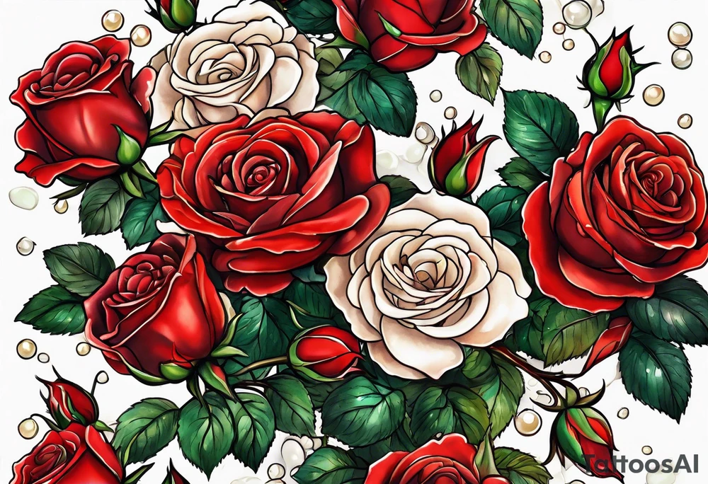 Red roses with pearls tattoo idea