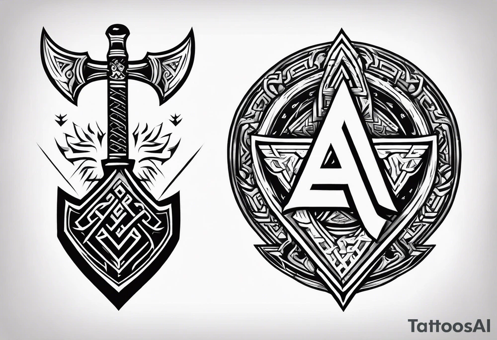 Valhalla sword 
shield axe Valknut mist tattoo idea