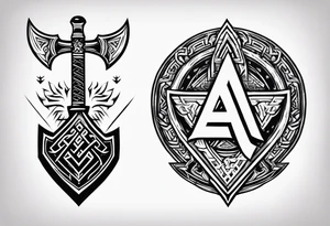 Valhalla sword 
shield axe Valknut mist tattoo idea