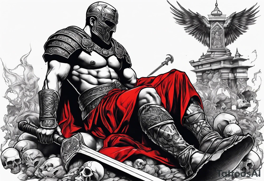 Black and white full body of gladiator, with red clothes, red blood around, skulls and skeletons in the background and on the ground tattoo idea