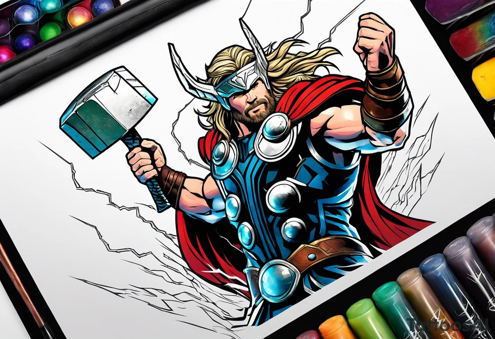 The Mighty Thor that looks like the Chris Hemsworth version with lightning in the background tattoo idea