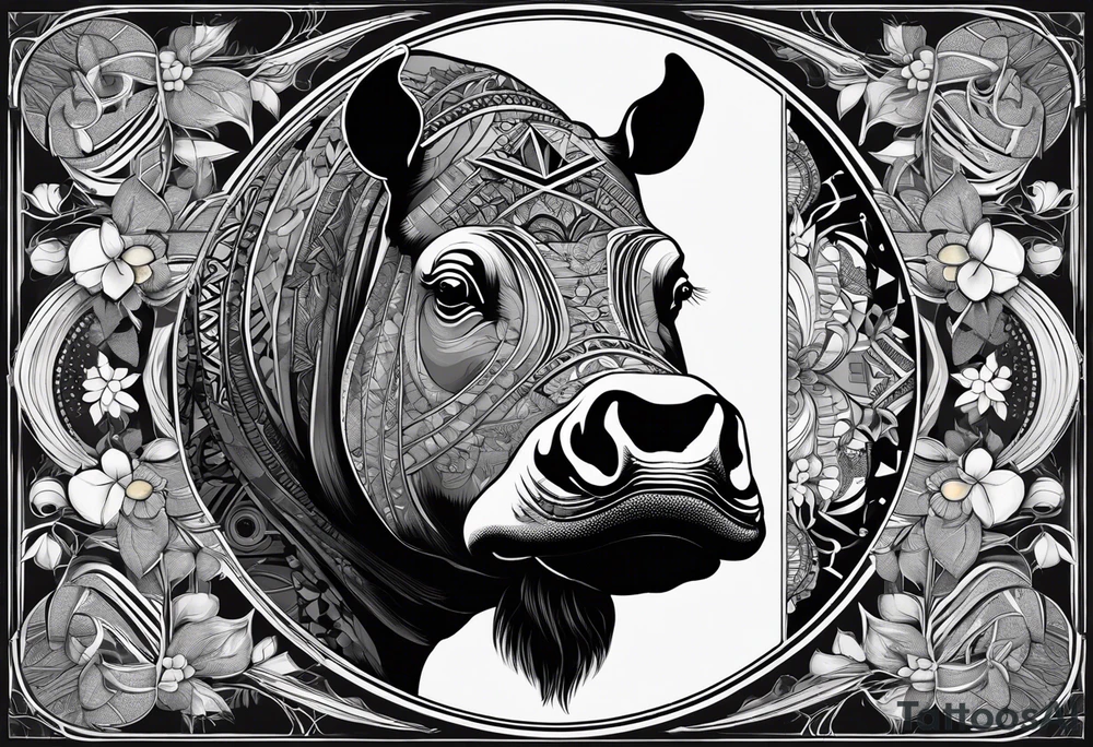 Very asymmetrical, +geometric pattern, with realistic full moon, with hippo,+tribal, +geometric, +inkart , +blackwork, +grey scale, + sketch
with wintersweet flower bud, +for men, detailed layering , modify from my favourites , dont look like a cow tattoo idea