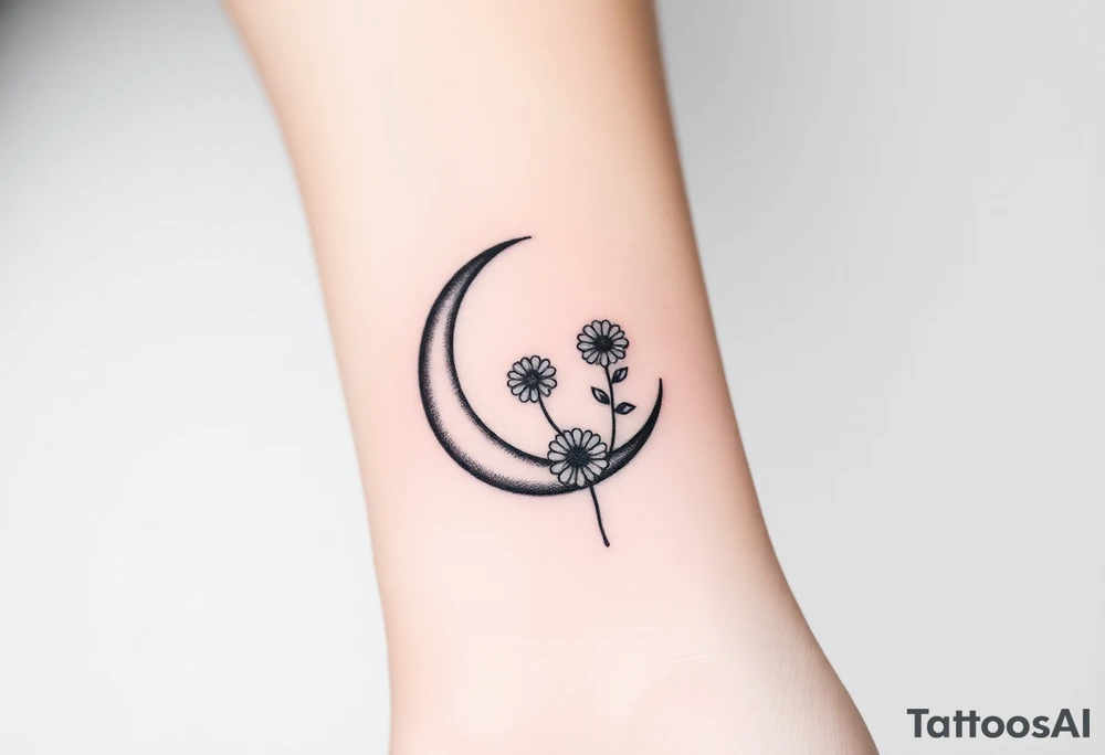 Small black and white tattoo waxing crescent moon with small Daisy birth flower and tiny Leo gliph tattoo idea