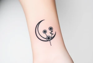 Small black and white tattoo waxing crescent moon with small Daisy birth flower and tiny Leo gliph tattoo idea