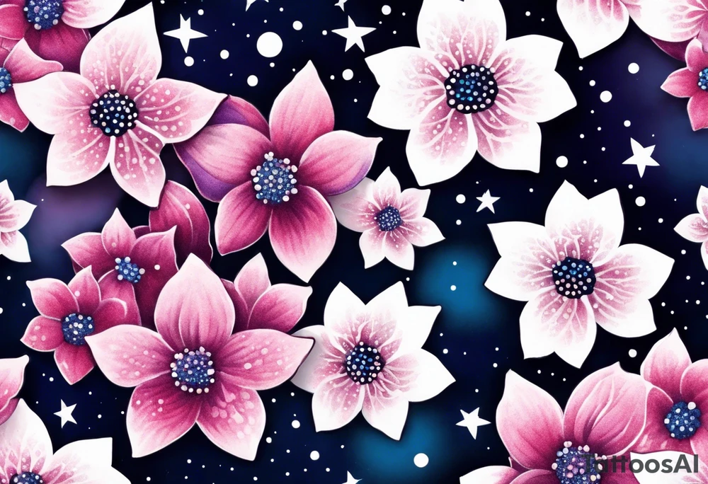 Stars, pinks, purples, blues with cherry blossoms tattoo idea
