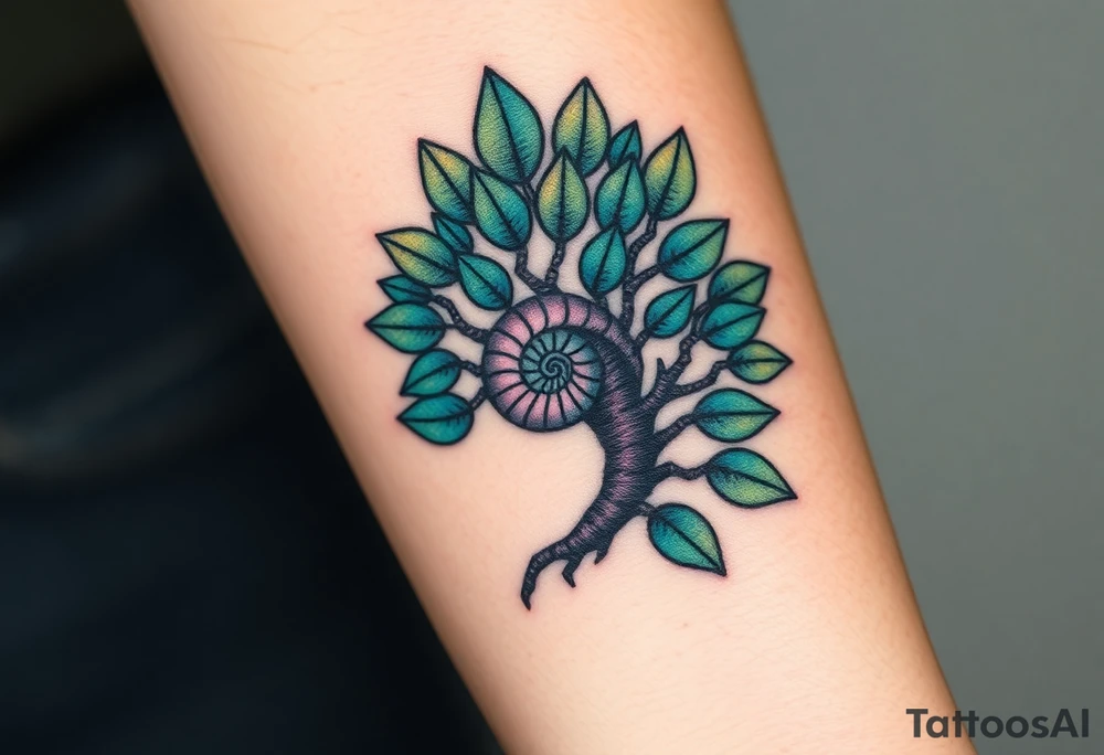 Fibonacci spiral shell inside of tree with full leaves tattoo idea