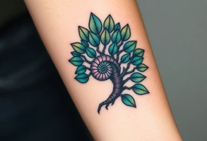 Fibonacci spiral shell inside of tree with full leaves tattoo idea