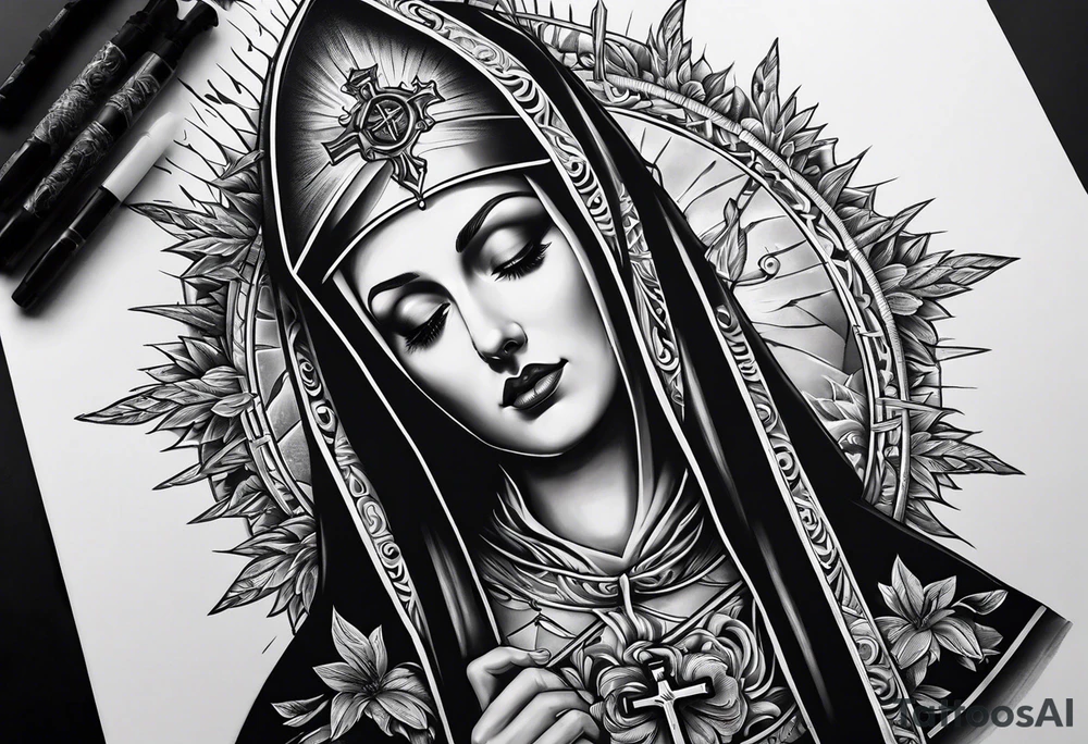 Nun holding upside down crucifix tattoo idea