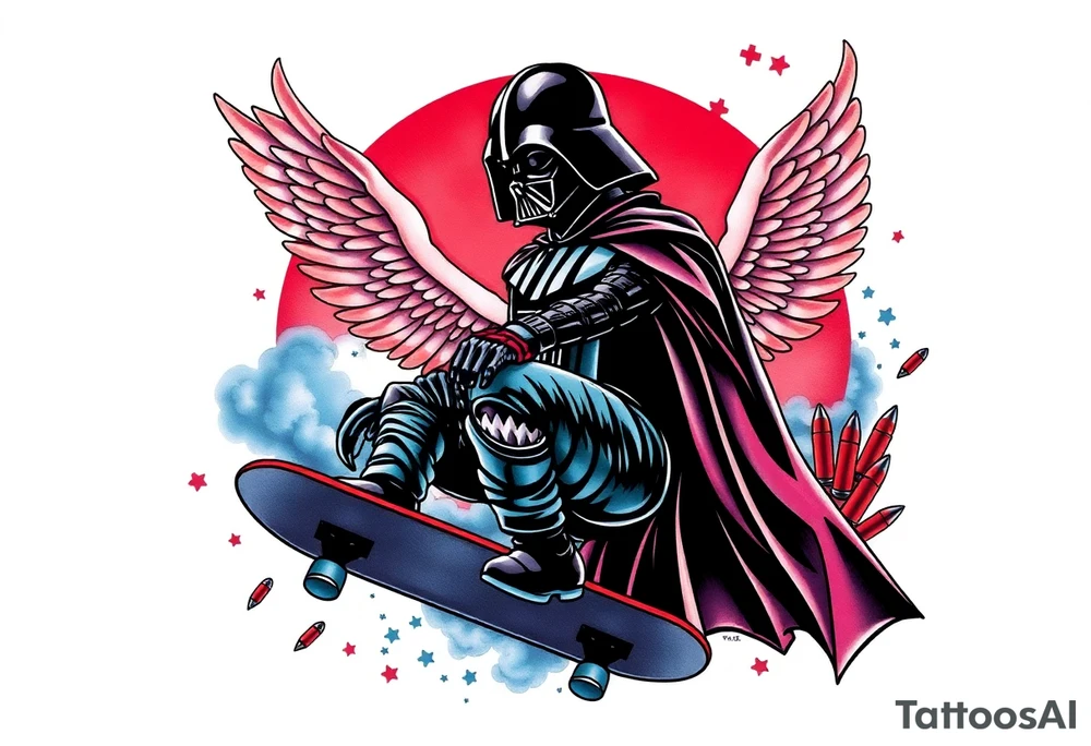 darth vader skateboarding, heaven, outdoors, harley davidson, bullets, puzzle red & blue colors

WORDS "Seth J. Carter"
12/29/88-01/06/24 tattoo idea