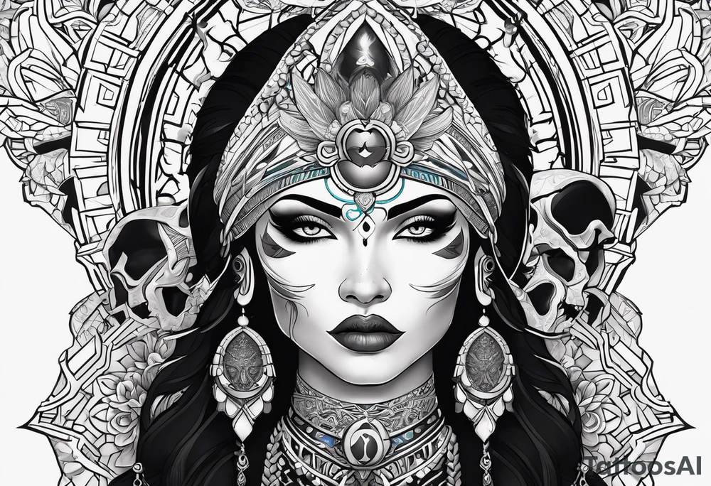 kali ma, alien goddess, valkrye, pirate, divine feminine, zenza resonance, pachamama, lotus azul, blank panther, eagle, skull, 5D, nueva gaya, dna 12 tattoo idea