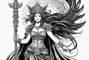 Nemesis, the goddess of justice, standing with sword and scale tattoo idea