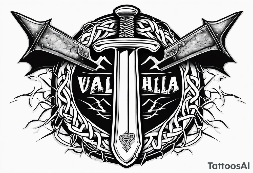 Valhalla sword round
shield axe barbed wire chains dark cloud lightning tattoo idea