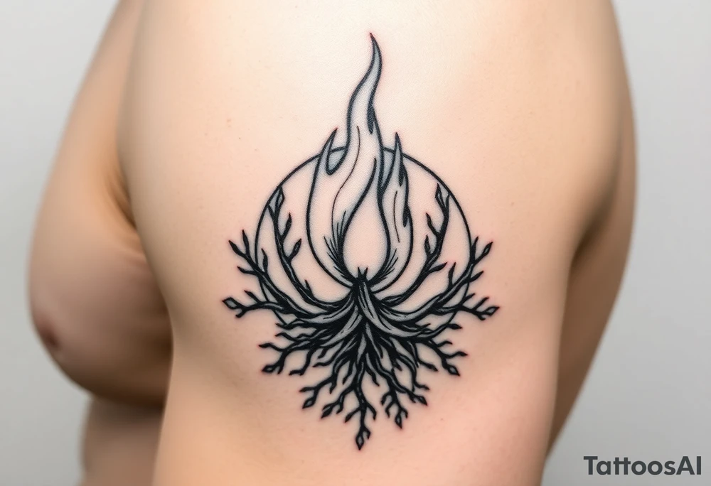 flame in a blooming roots circle tattoo idea