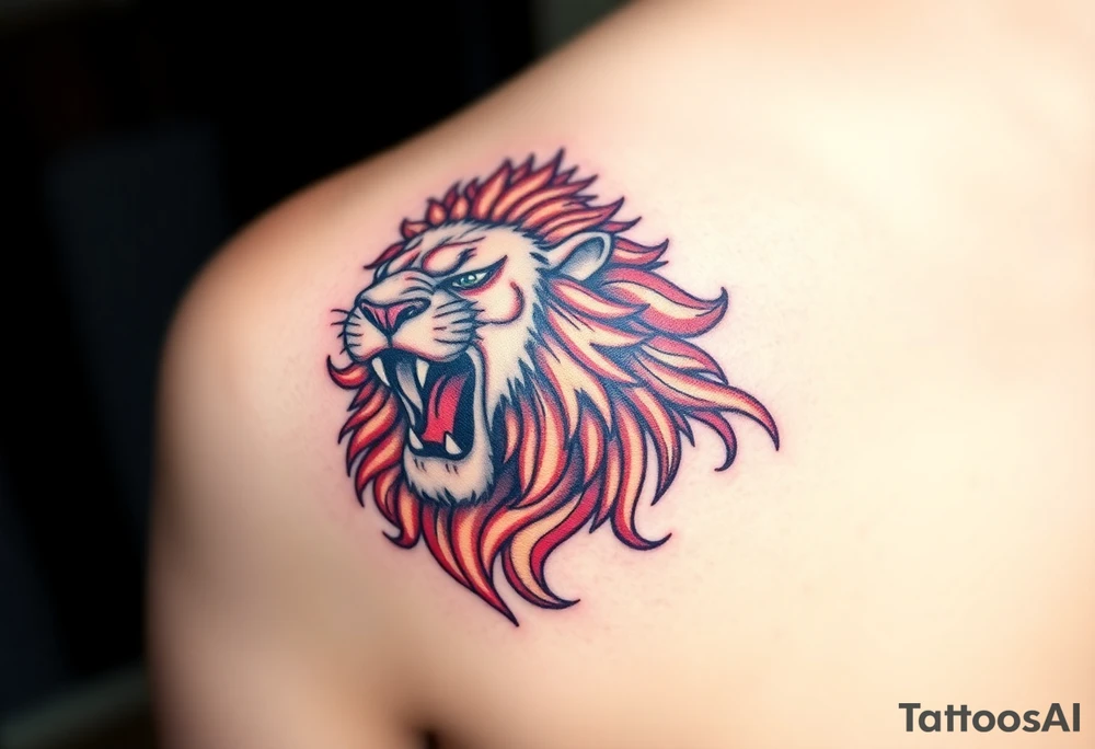 A detailed Czech lion with a golden crown, roaring powerfully, with deep red and black shading for contrast. tattoo idea