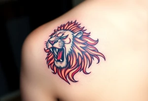 A detailed Czech lion with a golden crown, roaring powerfully, with deep red and black shading for contrast. tattoo idea