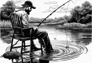 Man with halo  sitting in chair fishing in a pond from a distance tattoo idea