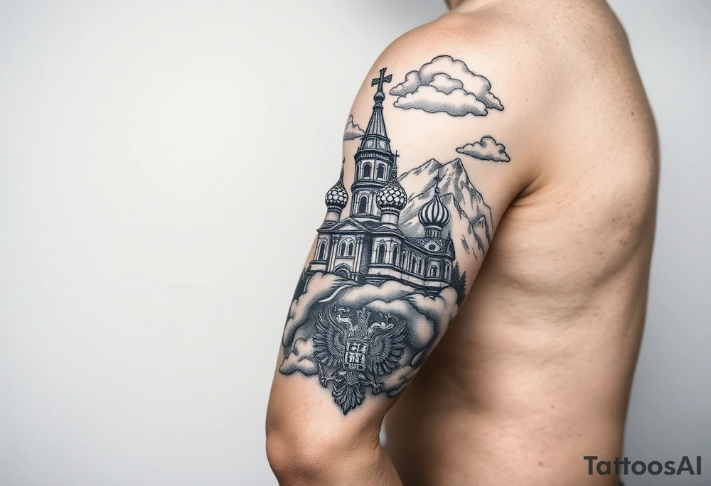 russian orthodox christian left arm tattoo with st basils cathederal in a mountainous setting with clouds with a russian coat of arms tattoo idea