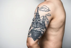 russian orthodox christian left arm tattoo with st basils cathederal in a mountainous setting with clouds with a russian coat of arms tattoo idea