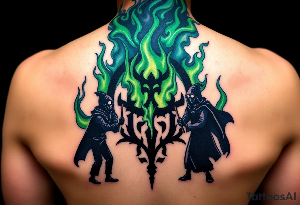 A Dark Mark engulfed in eerie green flames, with shadowy figures holding magic wand prepering for the fight in the smoke tattoo idea