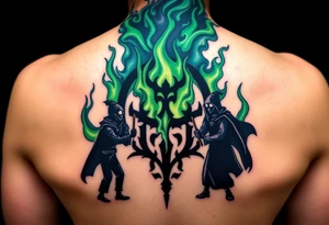A Dark Mark engulfed in eerie green flames, with shadowy figures holding magic wand prepering for the fight in the smoke tattoo idea