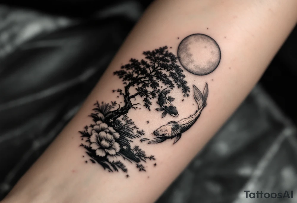 a koi fish swimming upstream in a pond moonlight by the full moon with a sakura tree by the pond surrounded by lighting tattoo idea