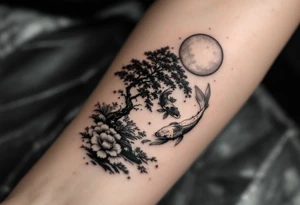 a koi fish swimming upstream in a pond moonlight by the full moon with a sakura tree by the pond surrounded by lighting tattoo idea