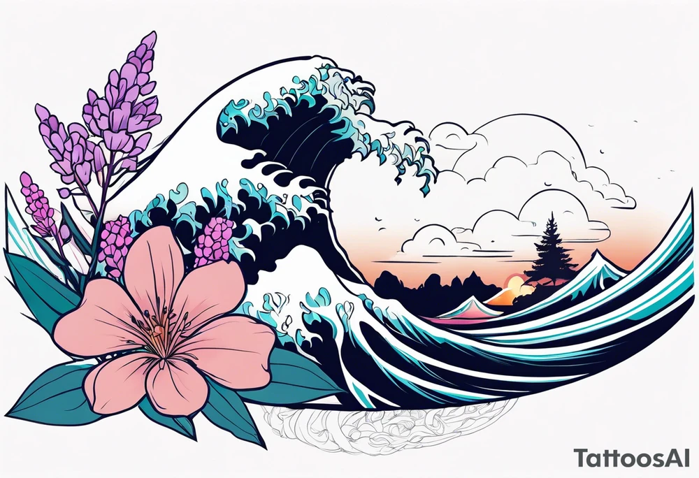 ocean wave with lupin flower and fireweed tattoo idea