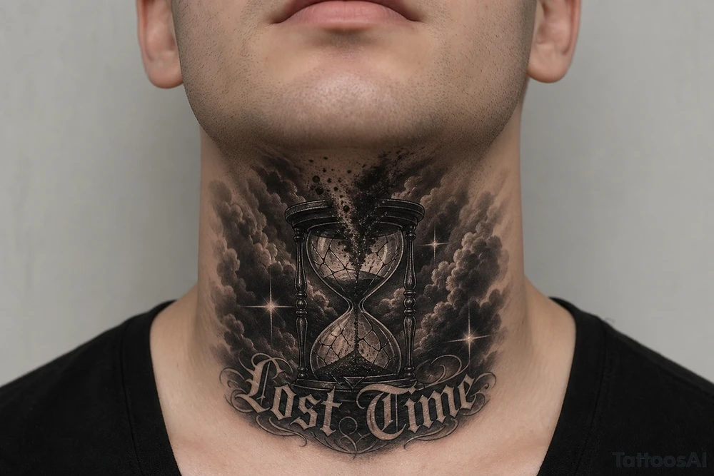 Black and grey realism tattoo design of a cracked, shattered hourglass centered in dark heavy clouds. Sand and dark smoke floating upward out of the glass. Custom gothic script lettering that says "Lost Time" wrapped around the base. Chicano style shading, deep blackwork background, sharp 4-point sparkle stars, high contrast, clean white background, tattoo stencil style. Put on the throat not the back of neck tattoo idea