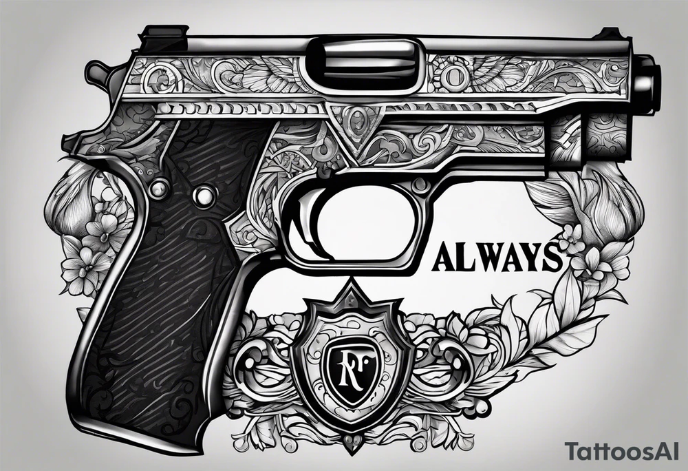 The letters AR with a pistol on each side and the word always on the top and the word ready on the bottom tattoo idea