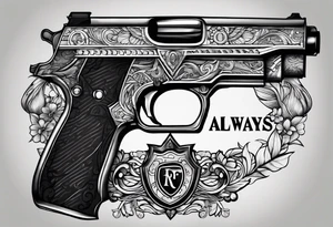 The letters AR with a pistol on each side and the word always on the top and the word ready on the bottom tattoo idea