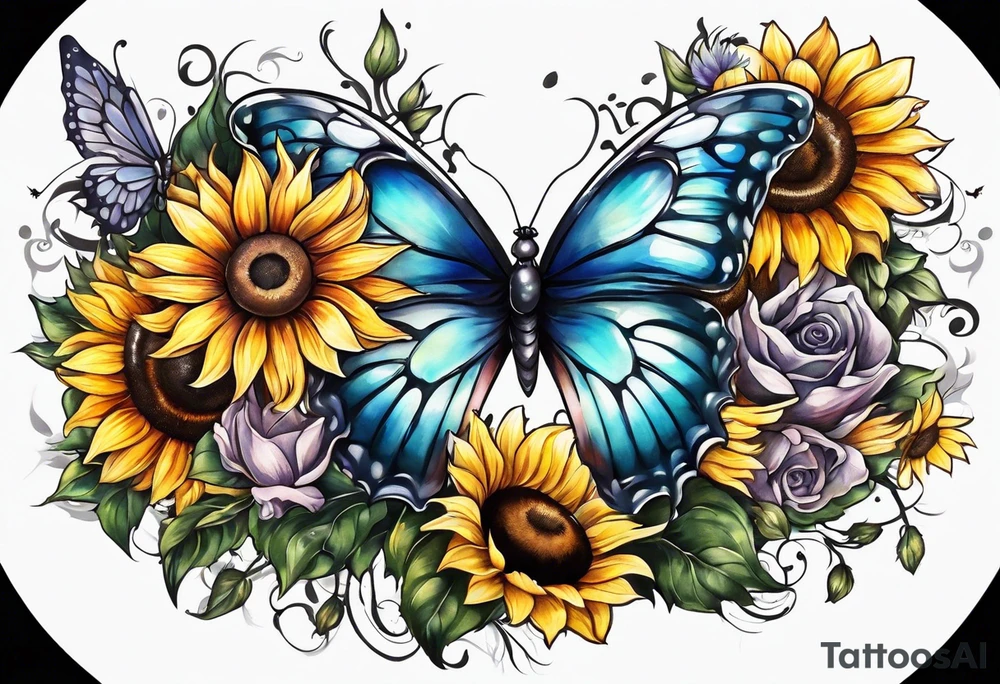 Sleeve with angel wings, sunflower and butterfly tattoo idea
