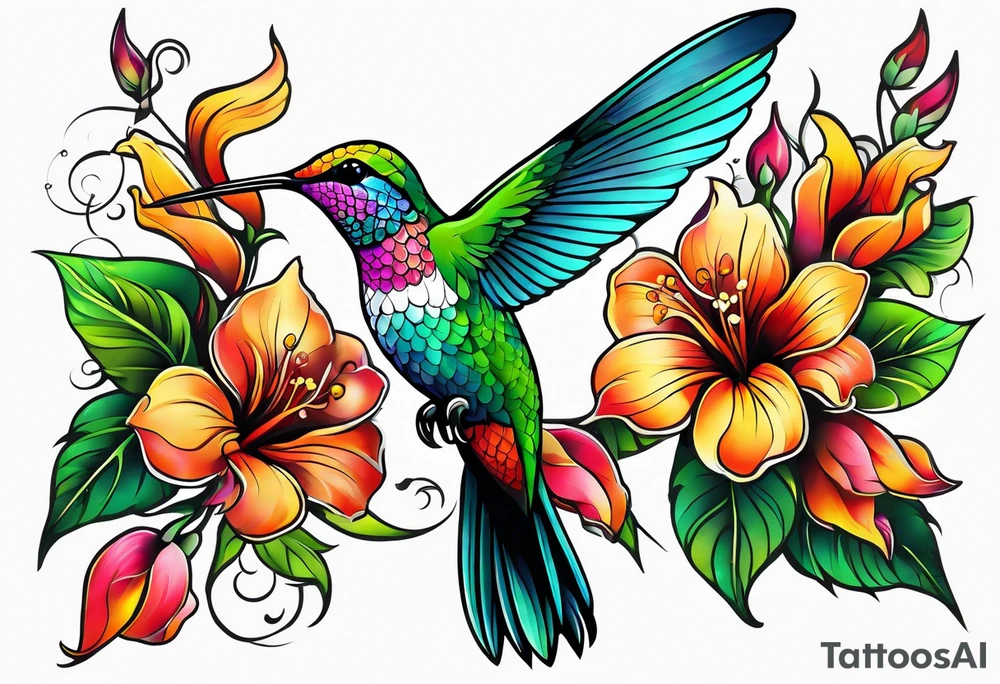 botanical, flowers, colorful, different, hummingbird tattoo idea