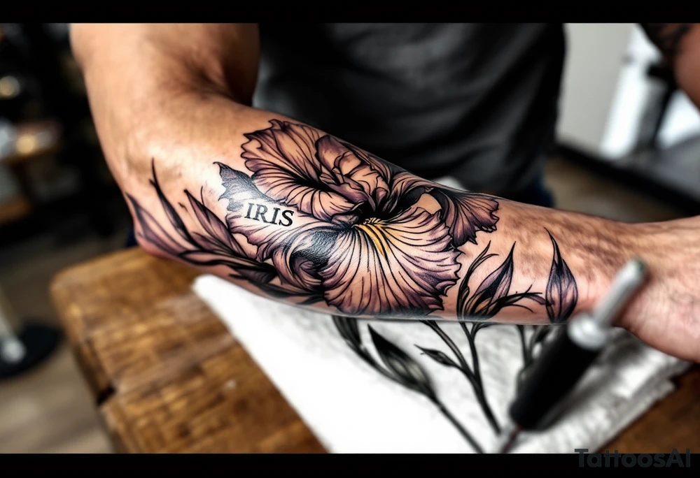 big iris flower with the name “IRIS” written in the stem of the flower on the outside of the forearm tattoo idea