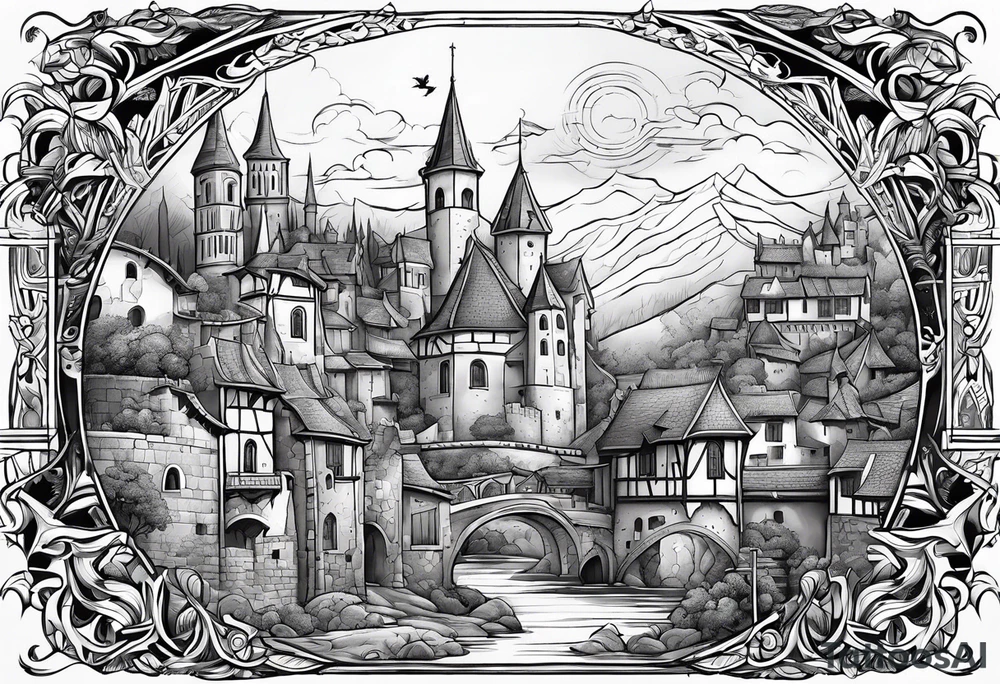 medieval tribal city vignette tattoo idea