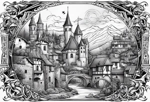 medieval tribal city vignette tattoo idea