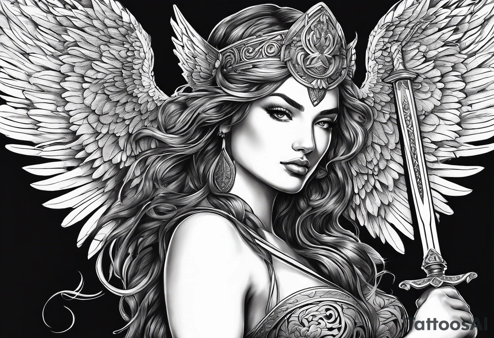Goddess with sword and angel wing tattoo idea