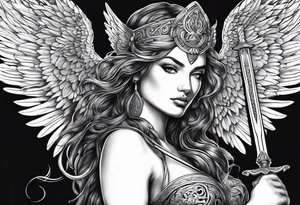 Goddess with sword and angel wing tattoo idea